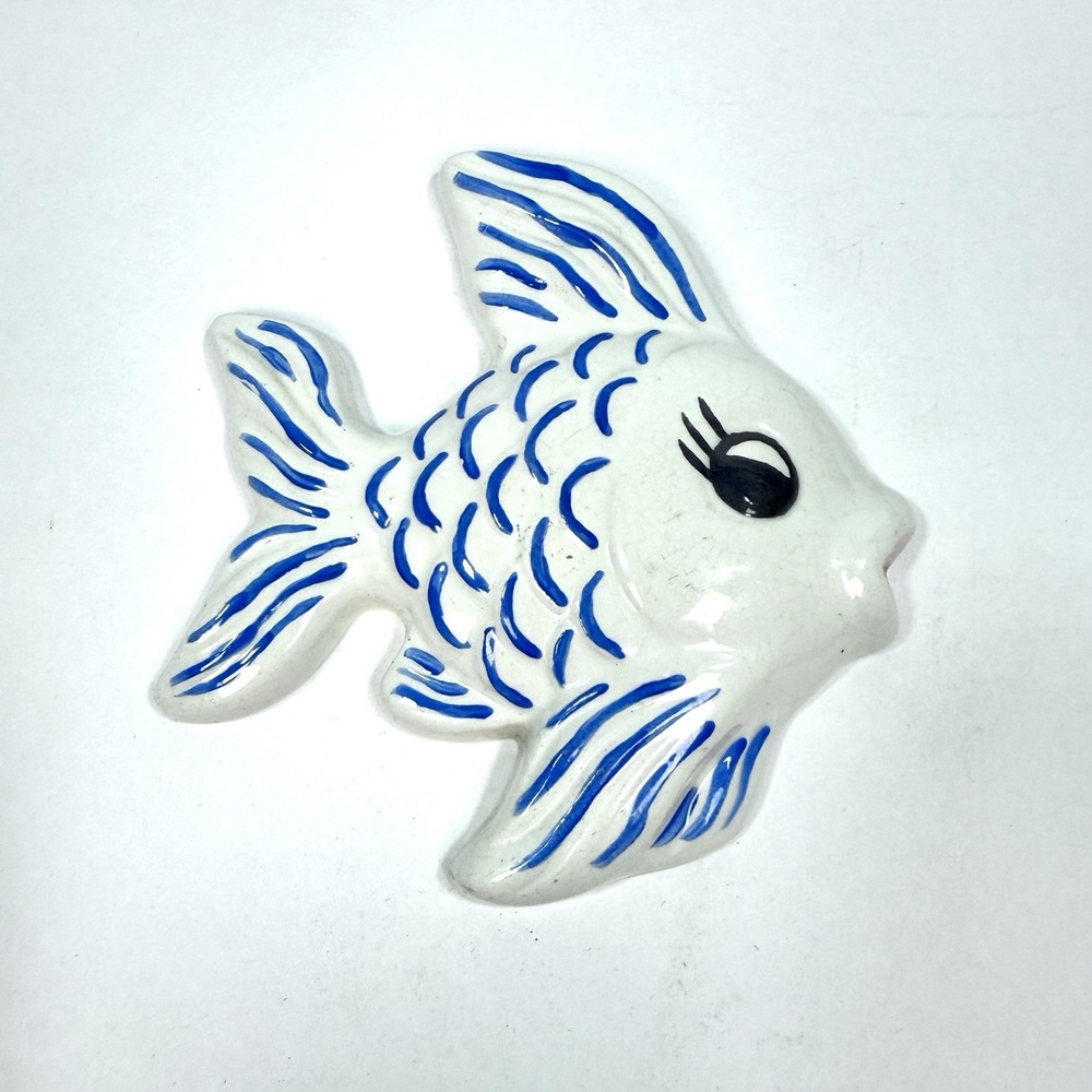 Vintage 1977 Ceramic Fish Wall Plaque Hand Painted Blue White Signed Folk Art